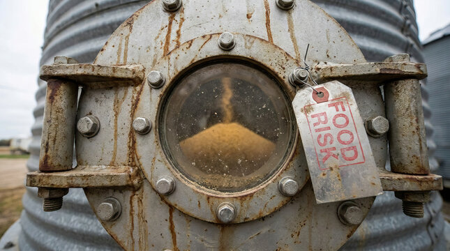Grain silo inspection with rusted metal hatch and warning tag indicating food risk, showing stored grain inside industrial container in outdoor setting