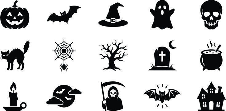 Halloween icons set including jack o lantern bats witch hat ghost skull cat spider web tree tombstone cauldron candle moon grim reaper flying bat and haunted house