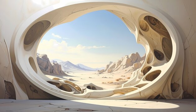 Futuristic biomorphic portal wide angle shot overlooking barren desert digital illustration bright natural daylight with arid mountain background