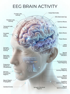 Detailed medical illustration showing human brain activity with eeg electrodes cap and glowing neural waves on a light blue background