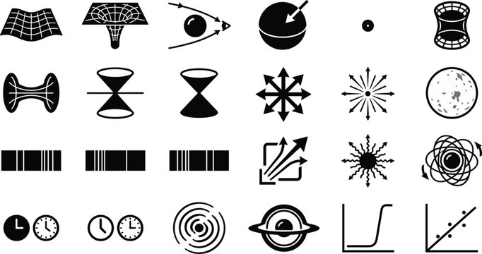 Astrophysics and Quantum Physics Icon Set with Black Hole Spacetime Curvature Wormhole Relativity Gravitational Waves and Science Research Symbols for Academic Graphic Designs