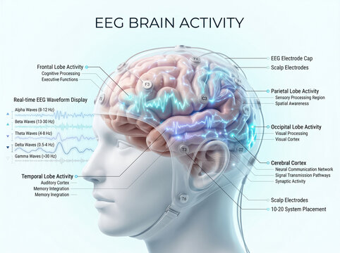 Detailed medical illustration showing human brain anatomy with eeg electrodes and real time electrical waveform activity for scientific research purposes