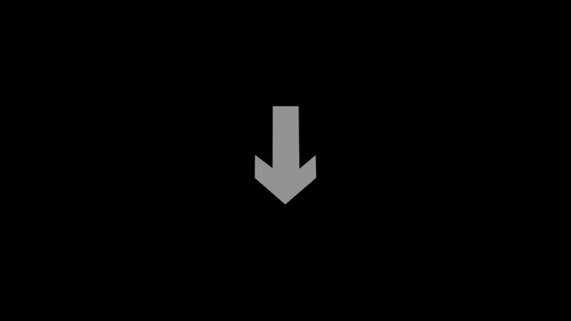 Animated arrow pointing down on black background. Abstract glowing arrow icon animation