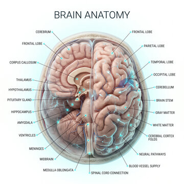 Detailed medical illustration showing human brain anatomy with labeled parts including lobes and internal structures on a white background