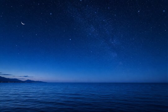 Dark sky swirls with stars and a crescent moon. Silent sea stretches beneath, calm and endless. Horizon glows faintly with twilight's soft touch. Remote, peaceful. Ideal for meditation, travel