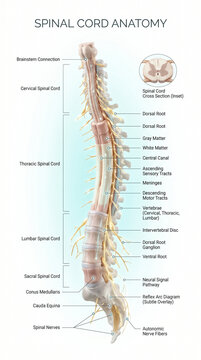 Detailed medical illustration showing human spinal cord anatomy with labeled segments and nerve pathways against a clean white background setting
