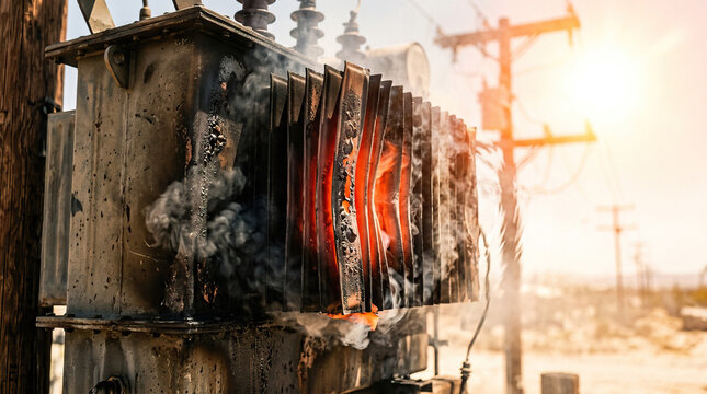 Burning electrical transformer with smoke and fire damage on power pole outdoors in daylight