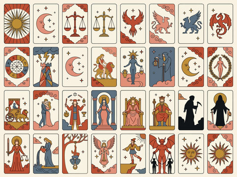 Set of Mystical Tarot Card Illustrations with Esoteric Symbols, Zodiac Signs, and Mythological Creatures in Modern Flat Design