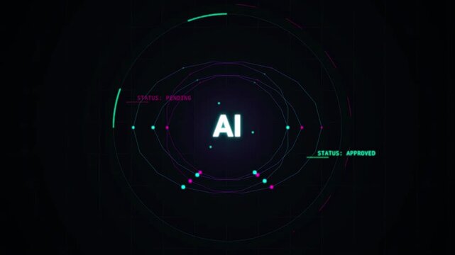 Animated video of AI technology interface processing automation workflow orchestration for enterprise governance compliance verification optimization validation approval status tracking