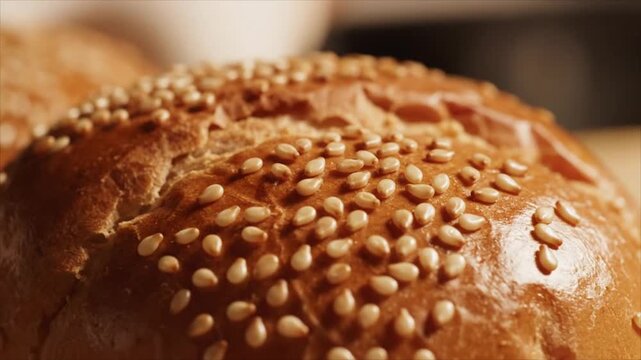 Close-up view of a sesame seed bun on a table indoors