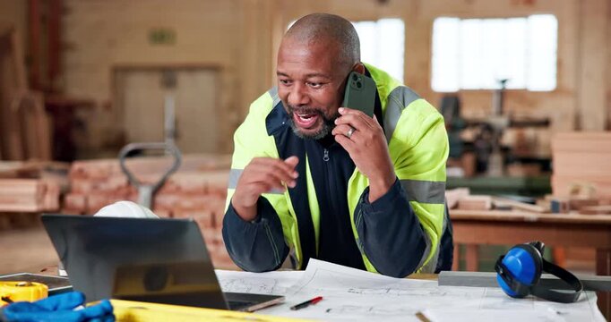 Shopfitting, blueprint or man with carpentry phone call for custom project, timeline update or talk. Happy, mature black person and mobile chat in warehouse for layout design, tech or client approval