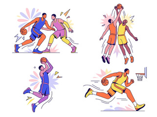 Stylized Basketball Player Action Vector Set - Dribbling, Shooting, and Dunking © Lala