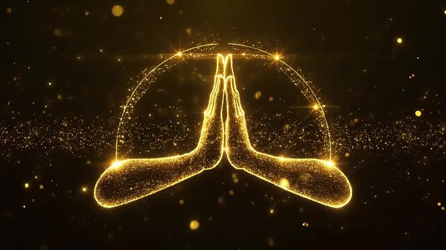 Namaste symbol golden glowing hands in prayer on dark background
