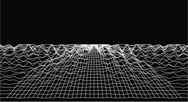 Minimalist 3d wireframe landscape background. mountain terrain, white geometric grid lines, dark sky. for virtual reality game ui, data science banners. linear digital vector art.