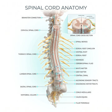 Detailed medical illustration showing human spinal cord anatomy with labeled structures including vertebrae nerves and complex internal gray matter pathways