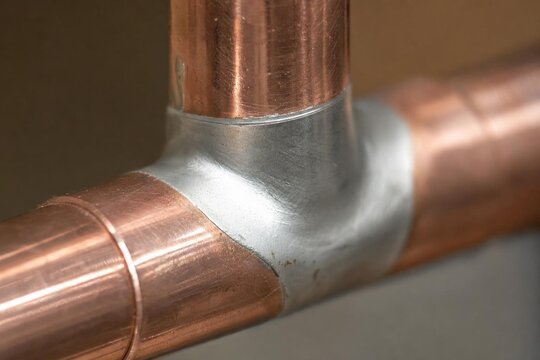 Close-up of a copper pipe joint with a silvery-white brazed connection.