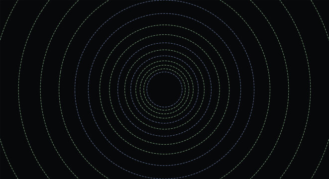 Abstract concentric dotted circles background. green dashed rings, hypnotic tunnel effect. for electronic music covers, futuristic scifi game menus. seamless modern vector pattern art.