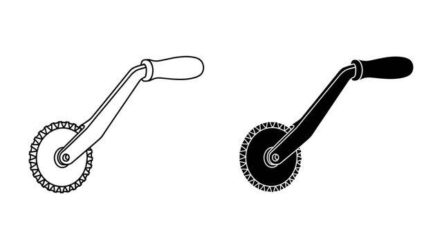 Pastry Wheel Cutter Illustration: A simple, clean illustration showcasing a pastry wheel cutter in both outline and solid black variations, ideal for culinary guides or recipe visuals.