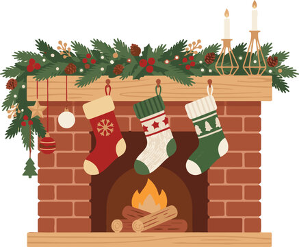 Traditional brick fireplace with rustic wooden mantle decorated with evergreen garland and holiday stockings.
