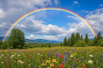 Naklejka premium Vibrant rainbow arcs over wildflower meadow. Sky bright blue, clouds soft and scattered. Trees frame the horizon, distant mountains rise. Colorful blooms carpet the earth, tall and cheerful