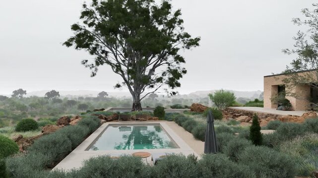 Scenic Desert Villa Backyard with Pool and Large Tree