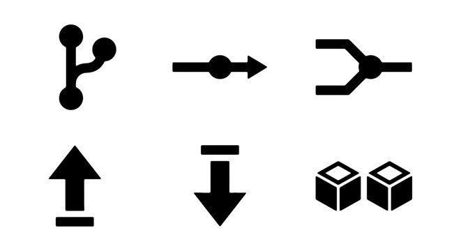 Git version control icon set, software development branch symbols, code repository vector graphics