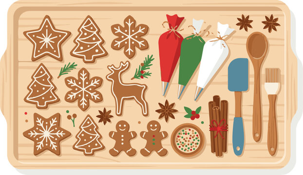 Baking sheet with gingerbread cookies and Christmas kitchen tools.