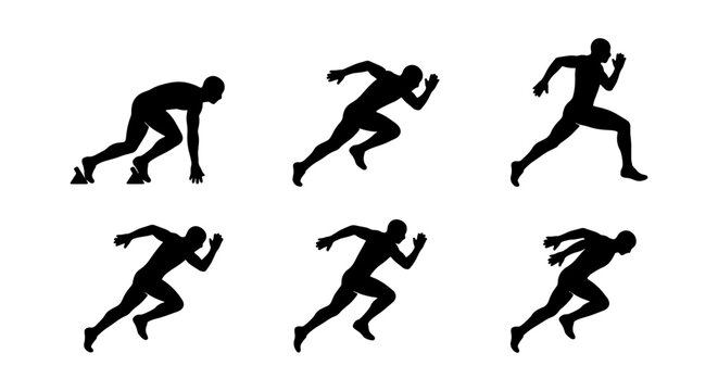 Runner silhouette set, sprinter starting block sequence, athletic running vector icons