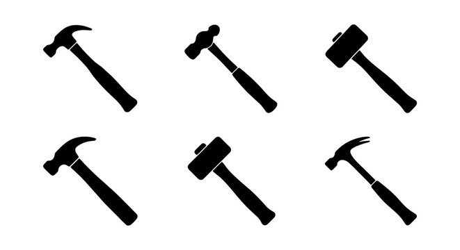 Hammer tool vector icon set, construction and carpentry equipment, black silhouette toolkit collection