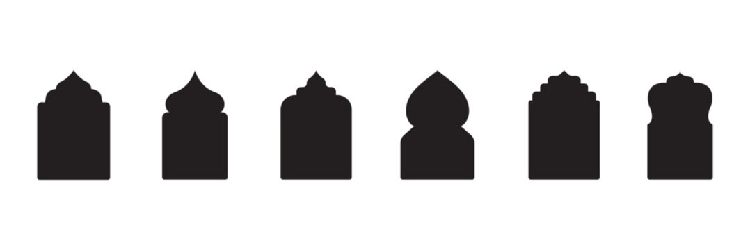 old mosque windows shape. Islamic shape frame, arab ornament arch. Ramadan traditional door, arabesque ornament, islam window.Frames in Arabic Muslim design for Ramadan Kareem