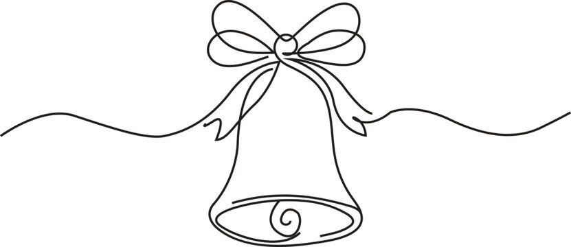 Continuous line art of a festive bell with ribbon . vector illustration of holiday symbol on transparent background 
