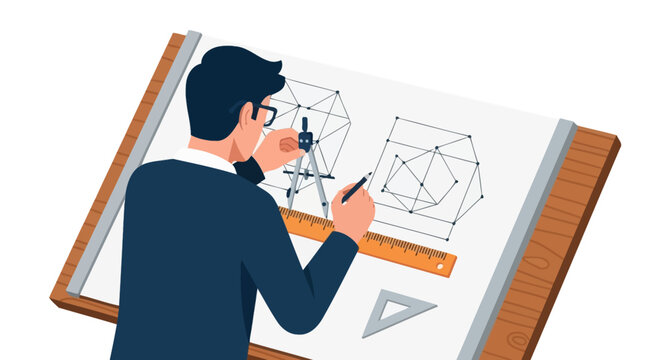 Professional Architect Working on Technical Blueprint Design at Drafting Table with Compass and Ruler, Creative Engineer Drafting Project Concept Vector Illustration