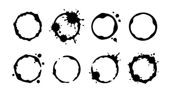 Grunge coffee stain rings, black ink splatters vector set, dirty cup ring marks