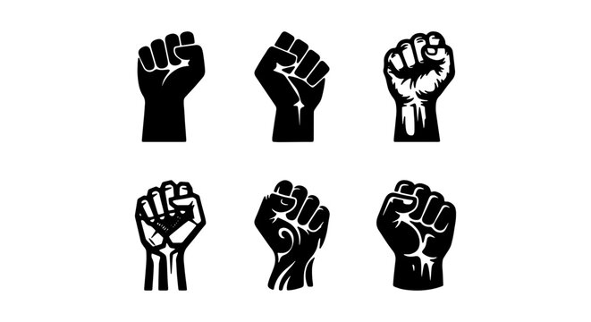 Raised fist vector icons set, black clenched fists of protest and power, revolution symbols
