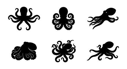 Black octopus silhouette vector set, sea monster icons, marine animal graphics © LANA