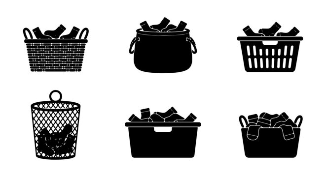 Laundry basket icon set, black silhouette laundry hampers with dirty clothes, vector illustration