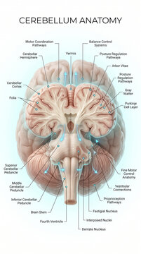 Detailed medical illustration showing the complex human cerebellum anatomy with clear labels highlighting various pathways and internal brain stem structures