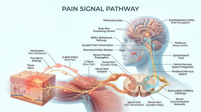 Detailed medical illustration showing the complex human pain signal pathway traveling from injured skin tissue up to the brain centers