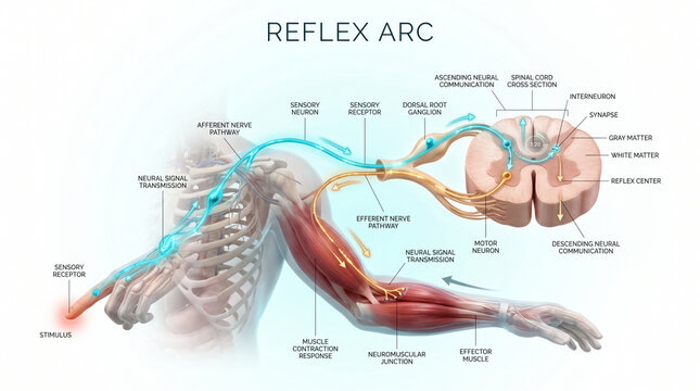 Detailed medical illustration showing the neural pathway of a reflex arc involving the spinal cord and human arm muscle contraction