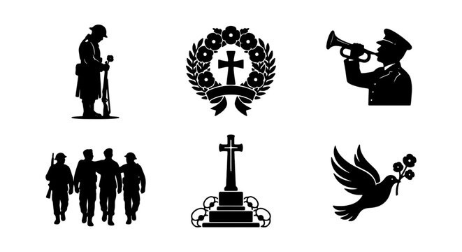 Remembrance Icons: Soldier Silhouette, Wreath Cross, Bugler, Funeral Procession, Memorial Stone, Dove