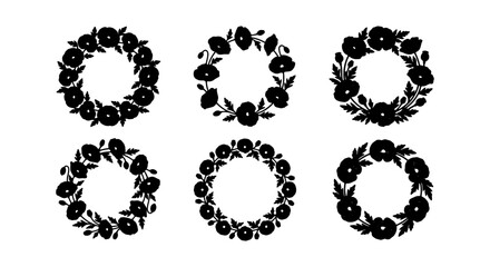 Fototapeta premium Black Poppy Wreaths, Floral Circle Frames, Decorative Botanical Elements, Vector Art Set