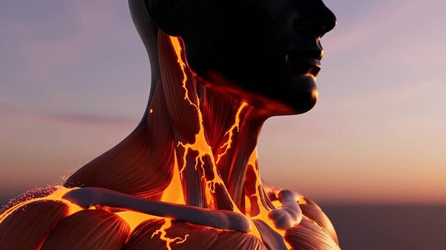 Silhouette Of A Human Neck And Shoulders Illuminated By Soft Dawn Light Showcasing Intricate Muscle Textures And Glowing Vascular Patterns