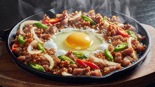 Sizzling Filipino Sisig With Egg, Crispy Pork, Onions, And Bell Peppers In A Cast Iron Pan On A Vibrant Background