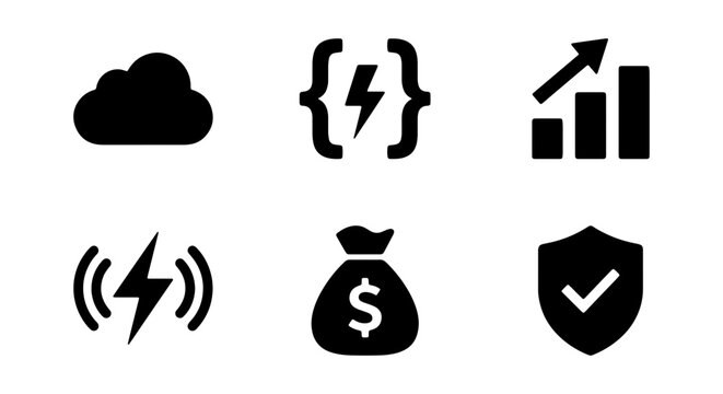 Business Icons Set: Cloud, Code, Growth, Energy, Money, Security, Vector Graphics