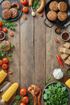 Grilling Food on a Wooden Table With Vegetables and Meats Arranged for Preparation