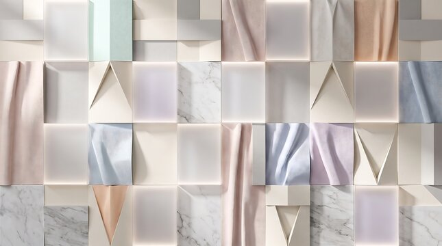 Abstract wall art panel featuring textured fabric marble squares and backlit translucent panels in pastel colors for contemporary interior decoration concepts.