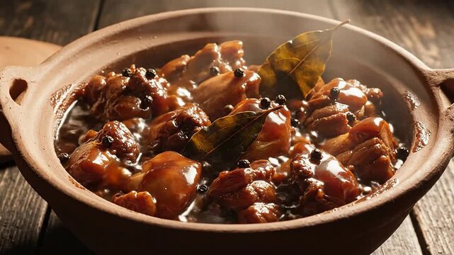 Slow Cooked Filipino Adobo In A Rustic Clay Pot With Tender Chicken And Pork Chunks Garnished With Bay Leaves Against A Warm Wood Background