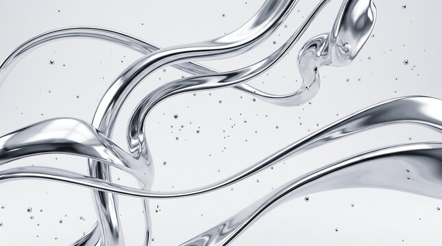Dynamic liquid metal splash with floating silver droplets over clean white background represents fluid motion and futuristic technology for premium branding.