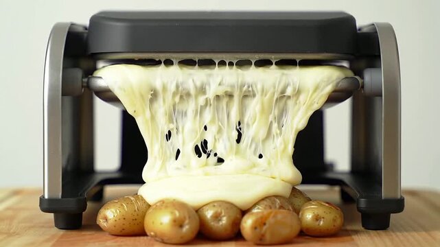 Static Commercial Shot of A Professional Raclette Heater Melting Cheese Over Potatoes with Delicious Textures and Flavors