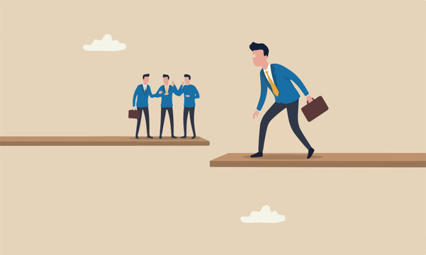 Investment togethe minimal shading. books payback concept, businessman standing on high jumping wood in the sky looking down with fear of height